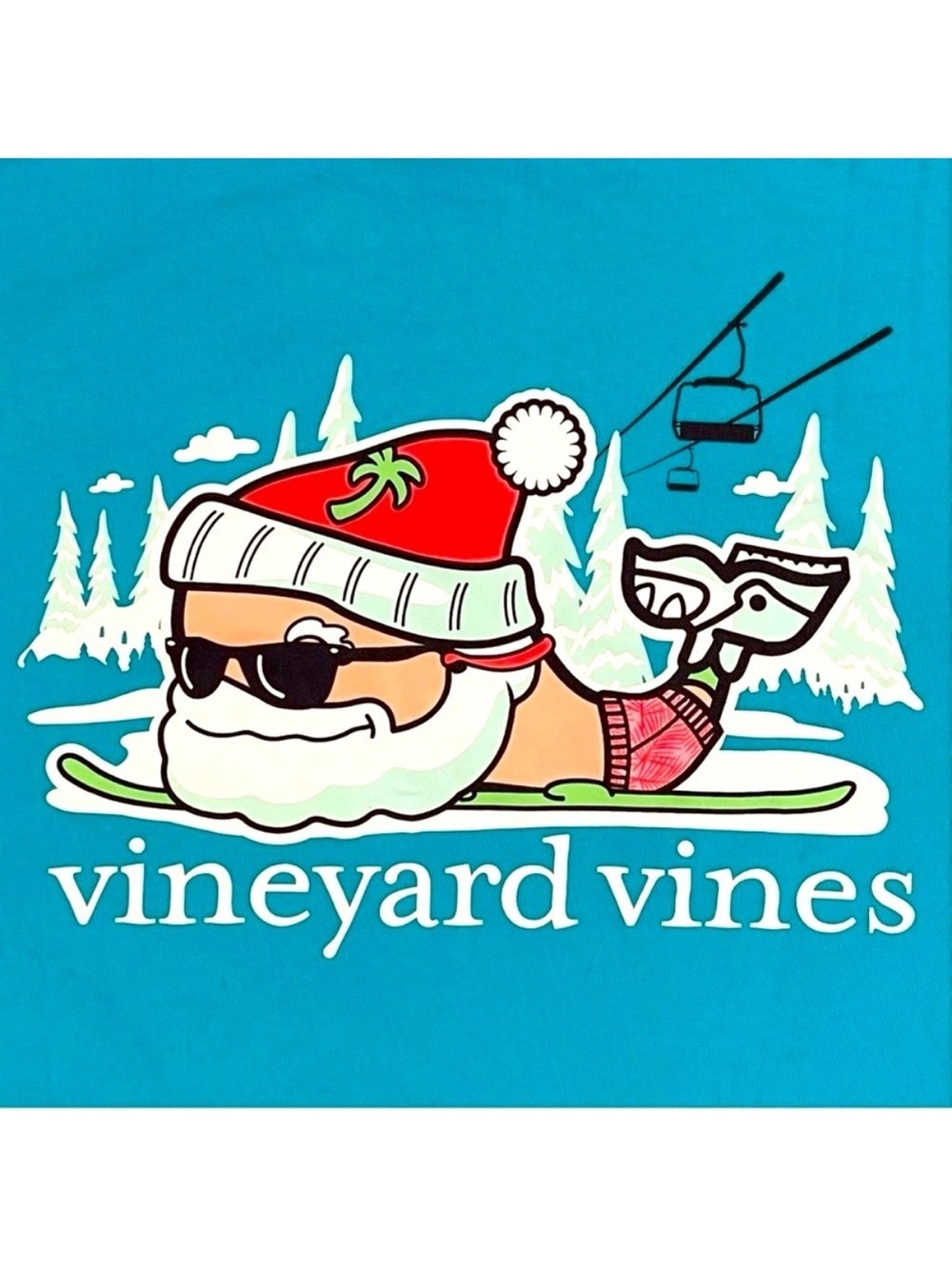 Vineyard Vines Long Sleeve Tee Mens Medium Santa Skis Whale Pocket T-Shirt Blue